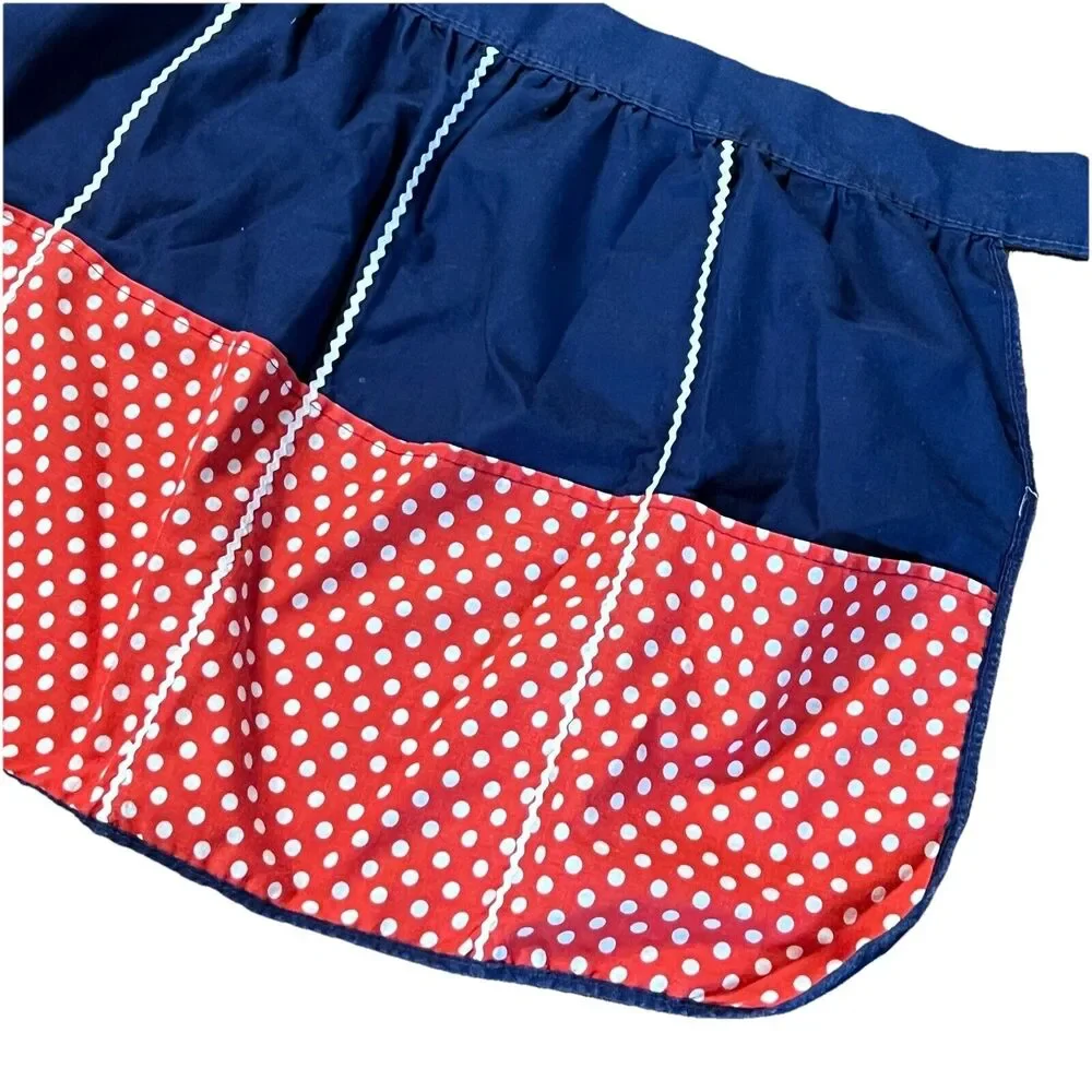 Vintage REVERSIBLE Half Apron Red White Blue Polka Dot Floral Cotton 59